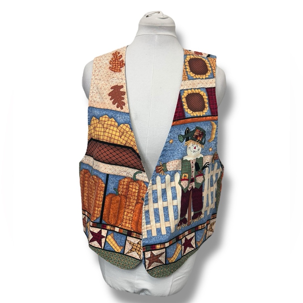Womens Halloween Reversible Vest VTG 90s Scarecrow Pumpkin Novelty Holiday Party